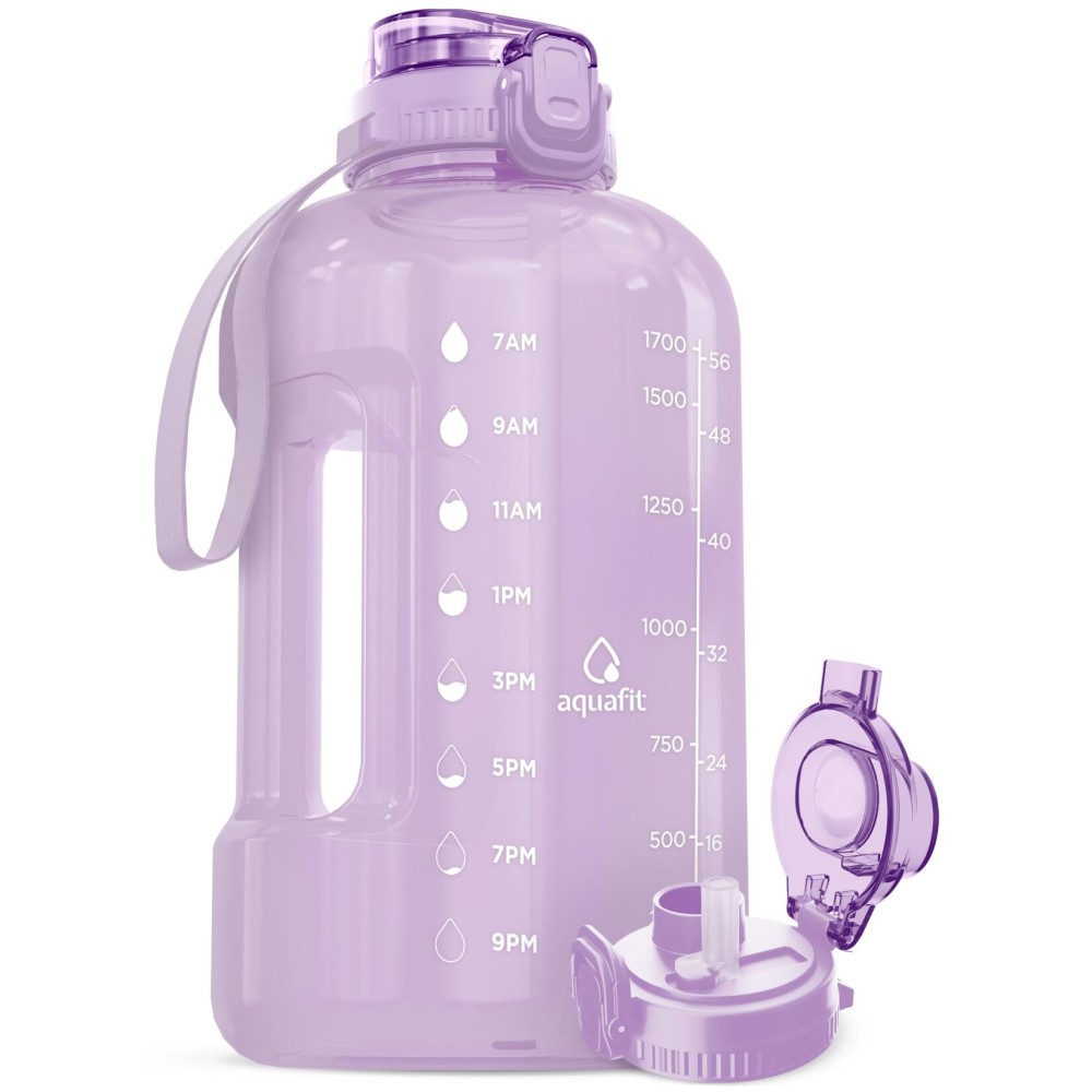 AQUAFIT Half Gallon Water Bottle with Time Marker - Straw & Chug Lid - BPA Free Gym Water Bottle with Straw - Big Gallon Jug (Lilac, 64 oz - 2in1 Lid)