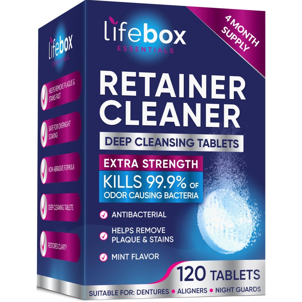 Retainer Cleaner Tablets - 120 Denture Cleaning Tablets & Aligner Cleaner - Removes Odors & Stains - For Aligners, Retainers, Dentures, Night Guards - Mint Flavor