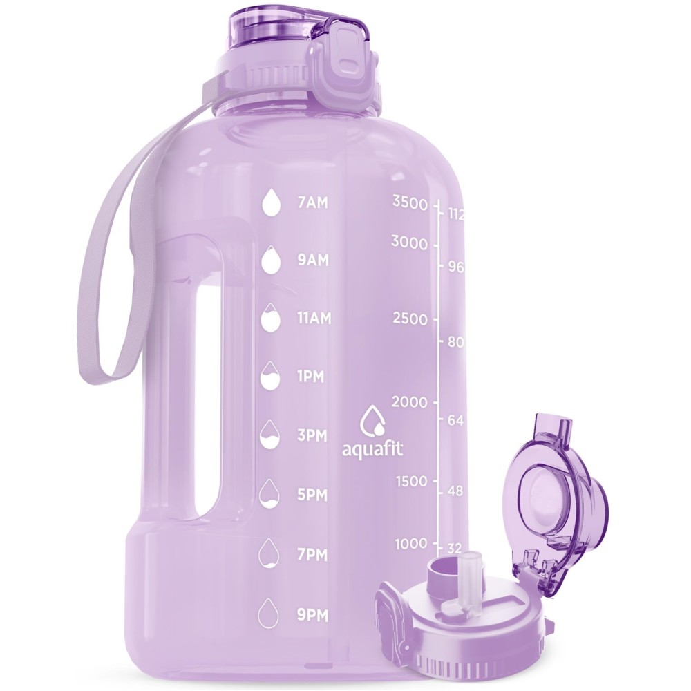 AQUAFIT 1 Gallon Water Bottle with Time Marker - Straw & Chug Lid - BPA Free Gym Water Bottle with Straw - Big Gallon Jug (Purple Haze, 128 oz - 2in1 Lid)