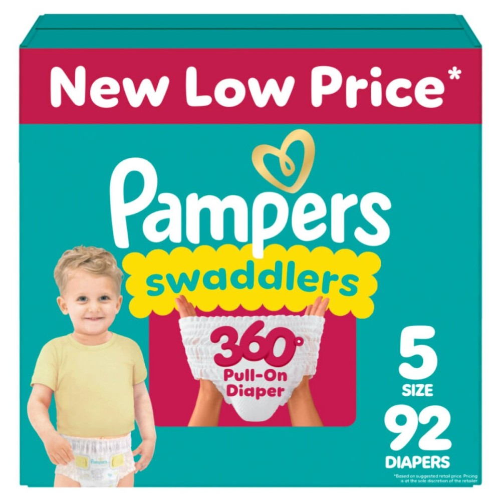 Pampers Diapers - Swaddlers 360 - Size 5, 92 Count, up to 100% Leakproof Comfy Dry Fit, Designed for Easy Changes, Pull On Baby Diaper (Packaging May Vary)