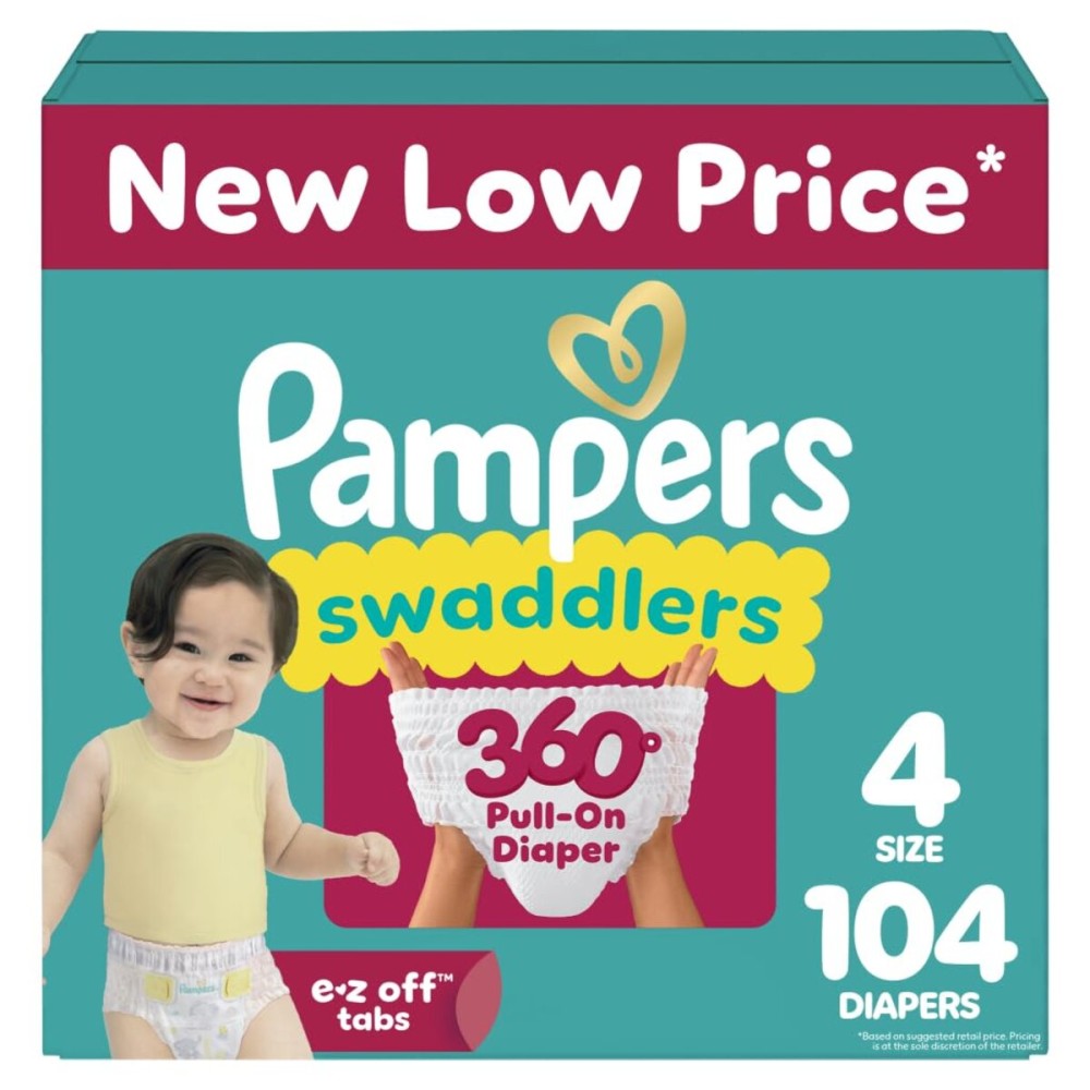 Pampers Diapers - Swaddlers 360 - Size 4, 104 Count, up to 100% Leakproof Comfy Dry Fit, Designed for Easy Changes, Pull On Baby Diaper (Packaging May Vary)