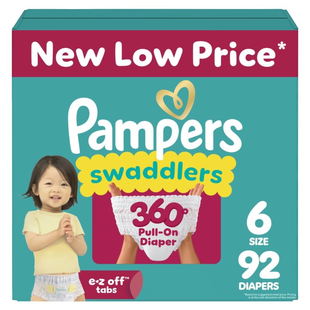 Pampers Diapers - Swaddlers 360 - Size 6, 92 Count, up to 100% Leakproof Comfy Dry Fit, Designed for Easy Changes, Pull On Baby Diaper (Packaging May Vary)