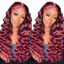 NKTU Burgundy Lace Front Wigs Human Hair- 99j Deep Wave HD Transparent Lace Frontal Wigs for Women Wine Red Glueless Pre Plucked with Baby Hair, 180 Density 20 Inch