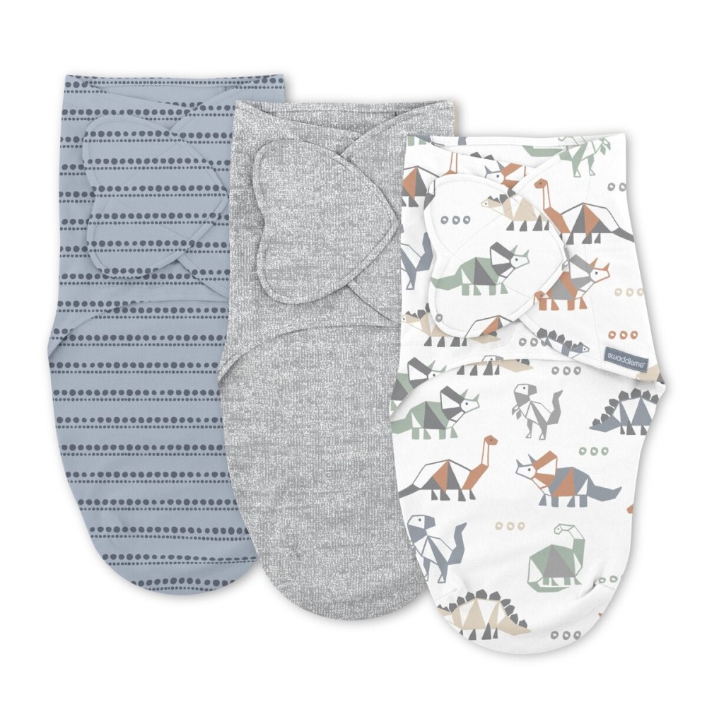 SwaddleMe by Ingenuity Monogram Collection Baby Swaddle, 100% Cotton, Improves Sleep & Calms Startle Reflex, 0-3 Months, Pocket Fold Design for Easy Changes, 1.0 TOG, 3-Pack - Dino Mite