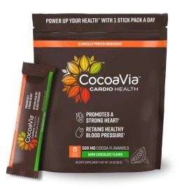 CocoaVia Cardio Health Cocoa Powder, 15 Single Serve Sticks, 500mg Cocoa Flavanols, Support Heart Health, Boost Nitric Oxide, Improve Circulation, Energy, Preworkout, Travel-Friendly, Vegan, Cacao