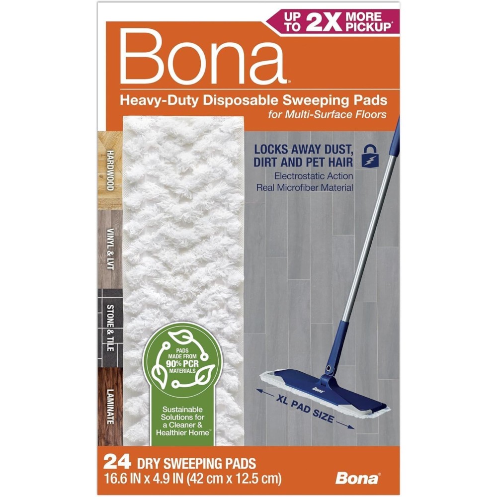 Bona Sweeping Pads for Multi-Surface Floors - 24 Refills - Heavy-Duty & Disposable XL Microfiber Pads Sweep Away Dust, Dirt, & Pet Hair
