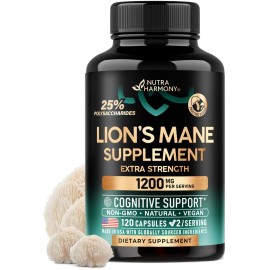 Lions Mane Supplement Capsules - Organic Lions Mane - Made in USA - Fruiting Bodies Extract - 1200 mg, 25% Polysaccharides - Memory & Focus Support - As Lions Powder - 120 Capsules, 2 Month Supply