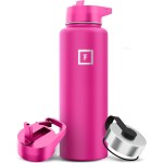 IRON FLASK Camping & Hiking Hydration Flask with Straw, Wide Mouth Insulated Stainless Steel Sports Water Bottle - 40 oz Pink Tulip