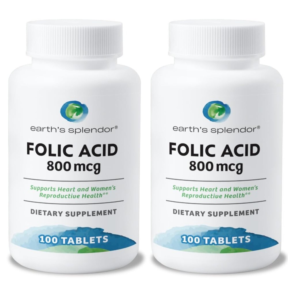 Earth\'s Splendor Folic Acid 800 mcg Supplement, Supports Heart Health, Supports Women\'s Reproductive Health, Smooth Coated Tablets (800 mcg, 200 Tablets, Pack of 2)