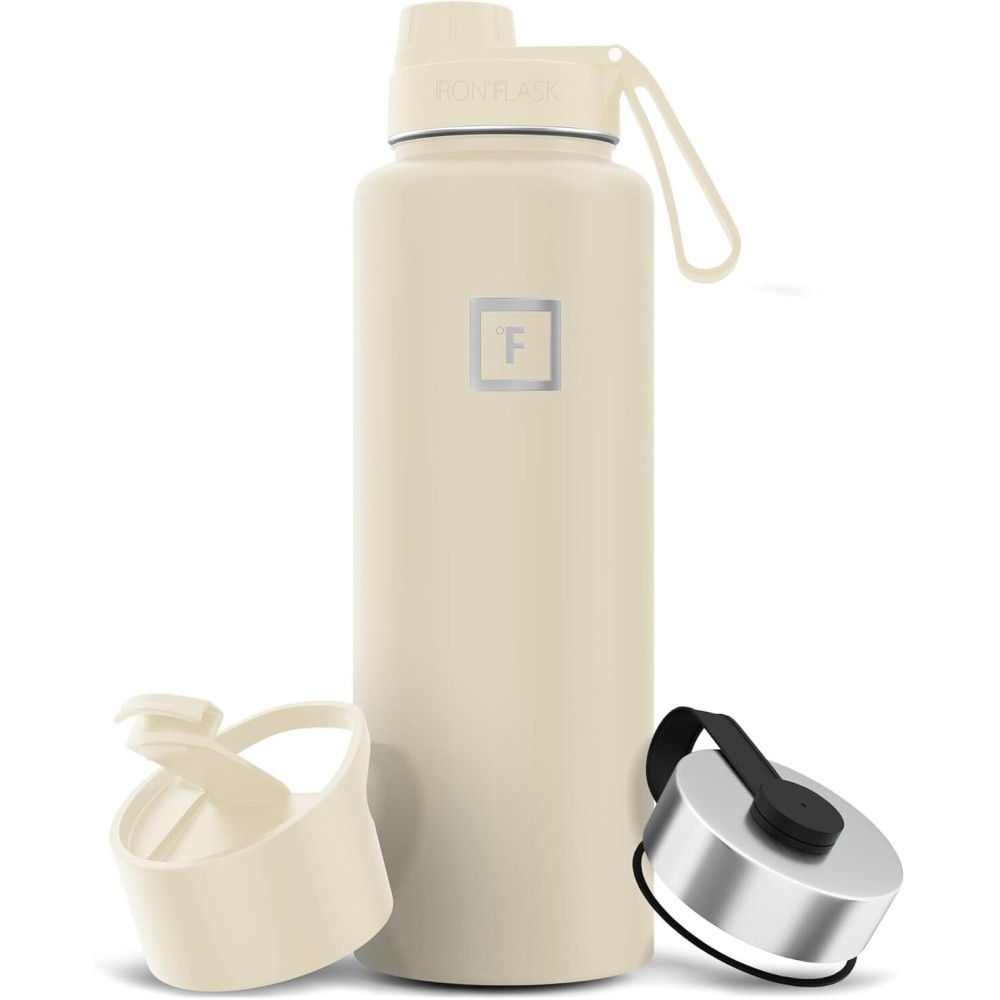 IRON FLASK Camping & Hiking Hydration Flask with Spout, Wide Mouth Insulated Stainless Steel Sports Water Bottle - 40 oz Cashmere Cream