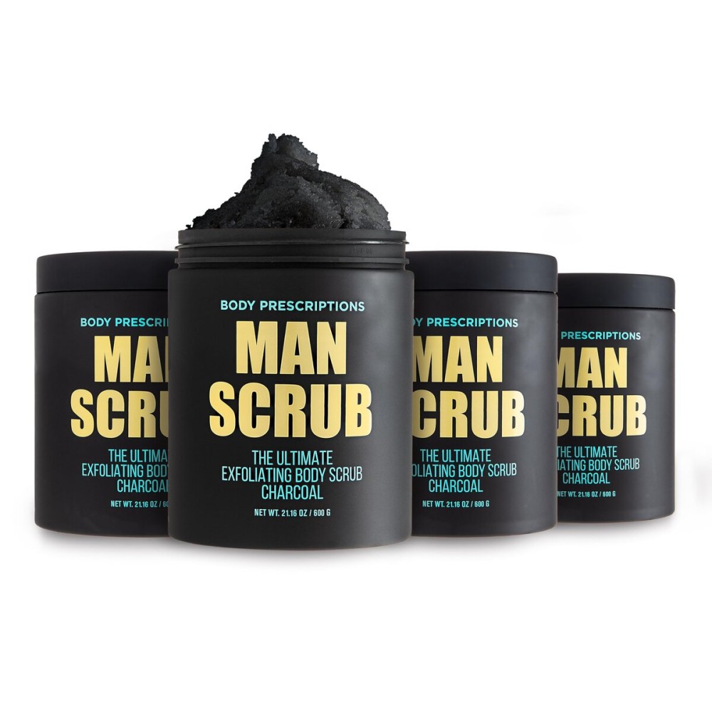 Body Prescriptions Mens Exfoliating Body Scrub - Ultimate Skin Cleansing Wash in Jar with Twist-Top Lid, For All Skin Types, 21 Ounce (Pack of 4), Charcoal