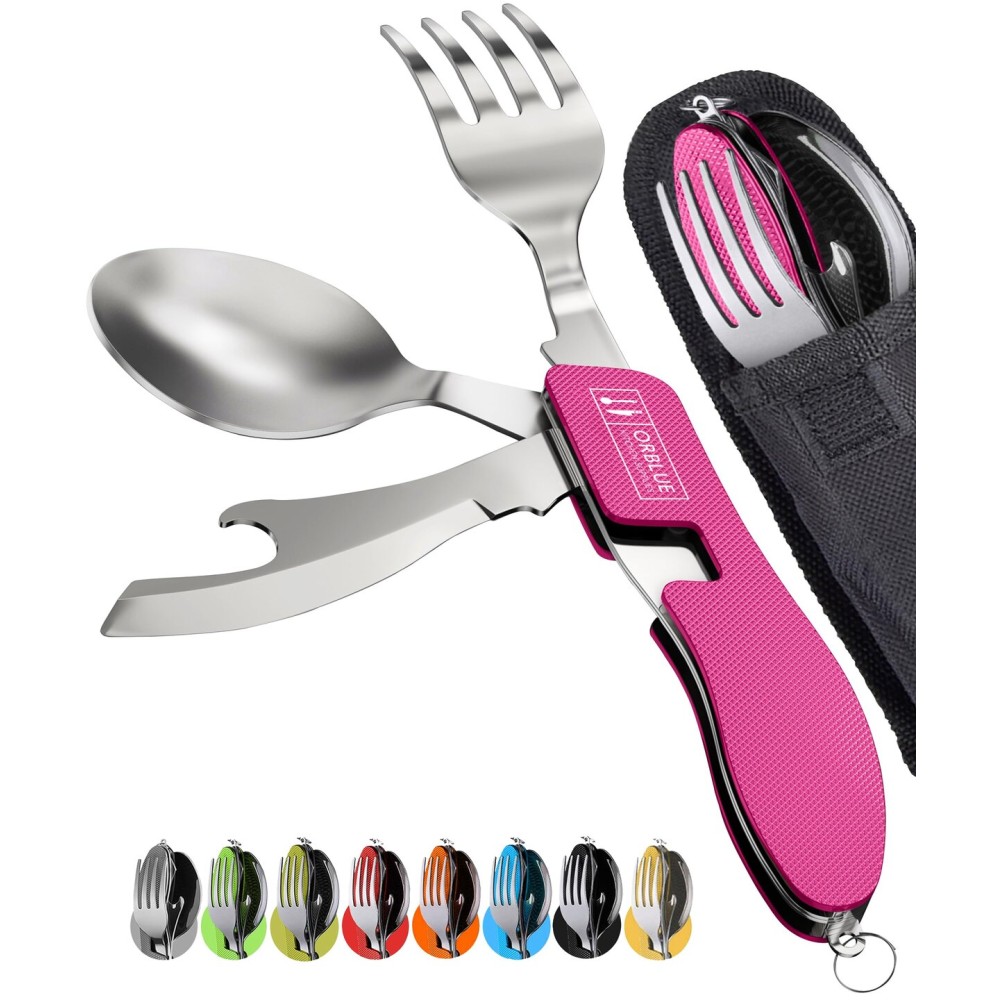 Orblue 4-in-1 Camping Eating Utensils, 2-Pack - Portable Spoon, Fork, Knife & Bottle Opener Combo Set - Stainless Steel Flatware with Detachable Fork - Travel, Backpacking Cutlery Multitool, Hot Pink