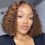 Fronbanis Ombre Bob Wig Human Hair 4/27 Highlight Wear and Go Glueless Wig Deep Wave Curly Honey Blonde Lace Front Bob Wigs 180 Density 10 Inches