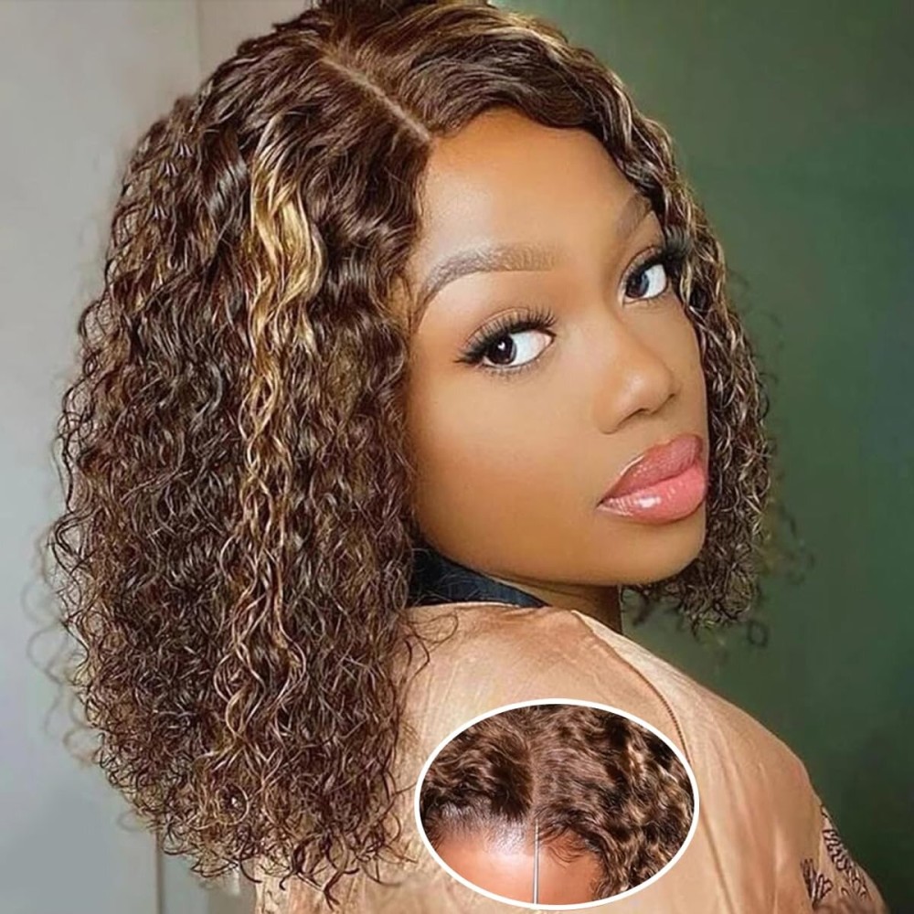 Ombre Bob Wig Human Hair 4/27 Highlight Wear and Go Glueless Wig Deep Wave Curly Honey Blonde Lace Front Bob Wigs 180 Density 14 Inches