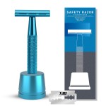 Double Edge Safety Razor with Stand, Single Blade Razors for Men and Women, with 10 Stainless Steel Double Edge Blades, Smooth and Close Shave, Plastic Free, Blue