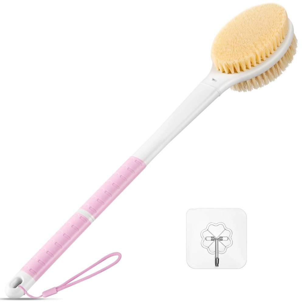 Back Scrubber Body Shower Brush: Anti Slip Long Handle Bath Brush with Stiff and Soft Bristles - Showering Exfoliator Wet or Dry Brushing for Women, Men, Elderly (Pink)