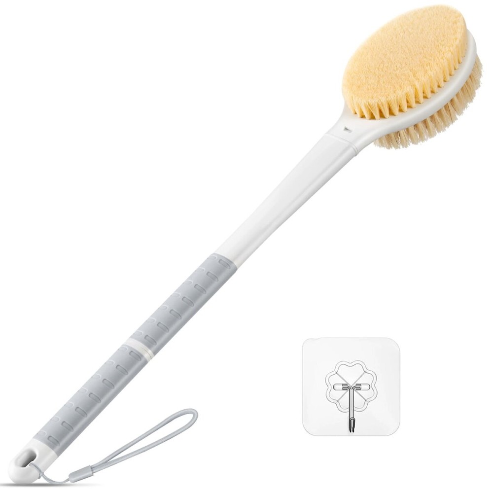 Back Scrubber Body Shower Brush: Anti Slip Long Handle Bath Brush with Stiff and Soft Bristles - Showering Exfoliator Wet or Dry Brushing for Women, Men, Elderly (Grey)