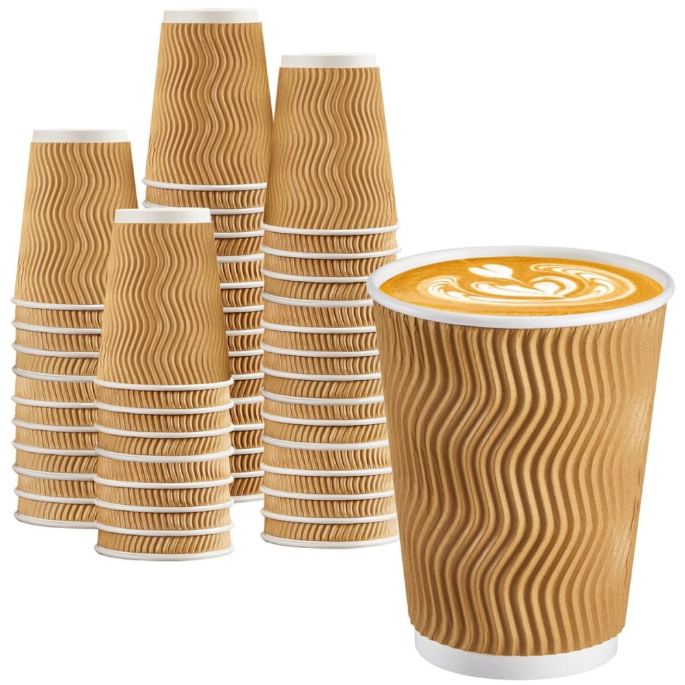 BYSNOW 100 Pack 12 oz Disposable Paper Coffee Cups, Leak Proof Insulated Ripple Wall Hot Cups for Espresso, Coffee, Tea, Hot Chocolate, To Go Drinks (Home, Office, Cafe Bar)