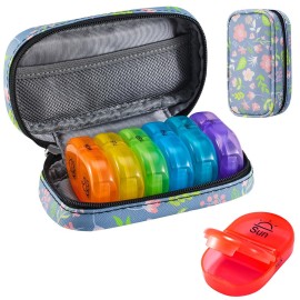 Serfeymi Weekly Travel Pill Organizer 2 Times A Day AM PM Upgraded Rainbow Pill Box 7 Day with Portable Zipper PU Leather Pill Case, Medicine Organizer for Pills, Vitamins, Fish Oils - Floral 02