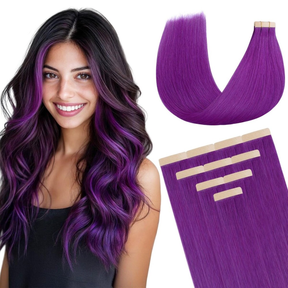 DOORES Tape in Human Hair Extensions, Purple 16 Inch 25g 10pcs, Remy Hair Extensions Tape in Straight Skin Weft Real Natural Hair Double Side Tape