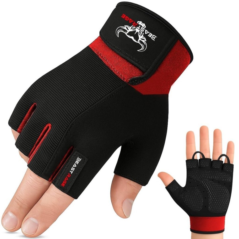 BEAST RAGE Workout Gloves for Men, Durable Palm Grip Gym Gloves Women Half Finger Elasticated Training Weight Lifting Strength Bodybuilding Anti Slip Cycling Gloves Exercise (Red, M), Medium