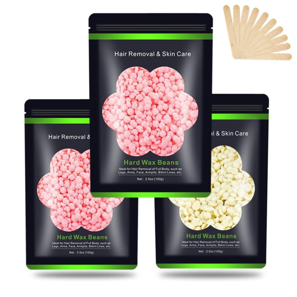 Wax Beads for Hair Removal 10.5oz (300g), Auperwel Hard Wax Beads Beans for Sensitive Skin Brazilian Waxing, Face, Bikini, Eyebrow, Legs, Painless for Women Men, 3 packs Kit with 10 Sticks