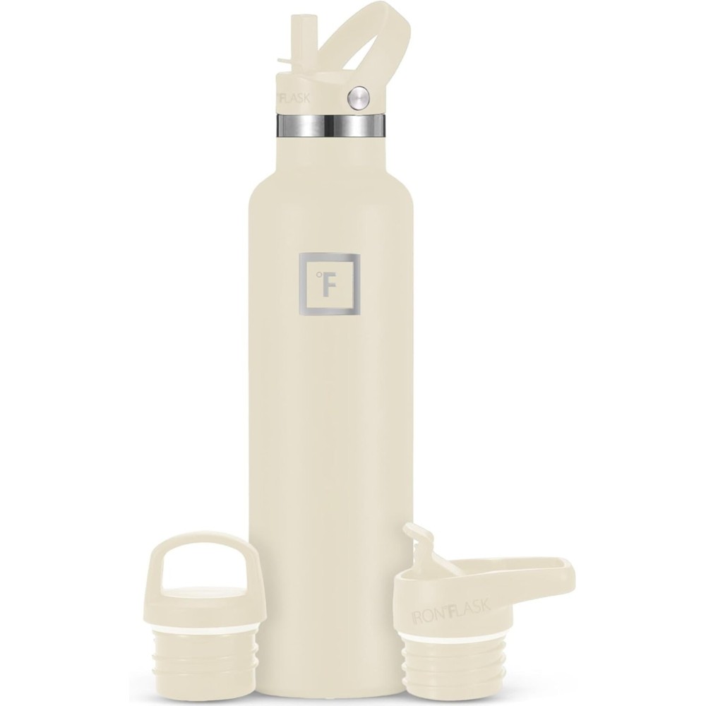 IRON FLASK Camping & Hiking Hydration Flask with Straw, BPA-Free Insulated Stainless Steel Sports Water Bottle - 24 oz Cashmere Cream