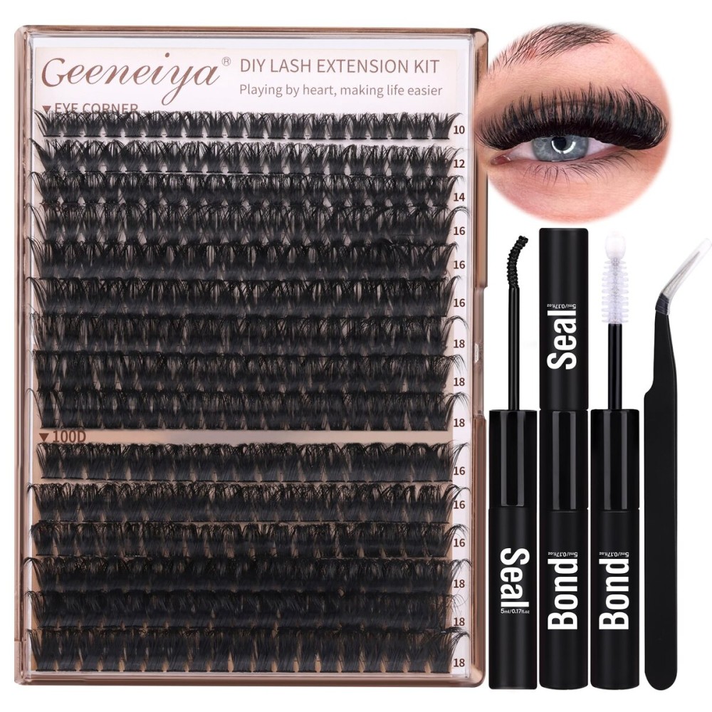 Geeneiya Volume Lash Clusters Kit DIY Lash Extension Kit D Eyelash Extensions with Lash Bond and Seal Tweezers,10-14mm Eye Corner Eyelashes and 16-18MM Cluster Lashes 300Pcs