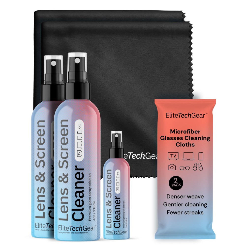 Elite Tech Gear Optical, Screen & Lens Care Kit - 3pc Spray (2x4oz+1oz) with 2 Microfiber Cloths - Alcohol-Free Eyewear Solution - 5pc Glasses Cleaner