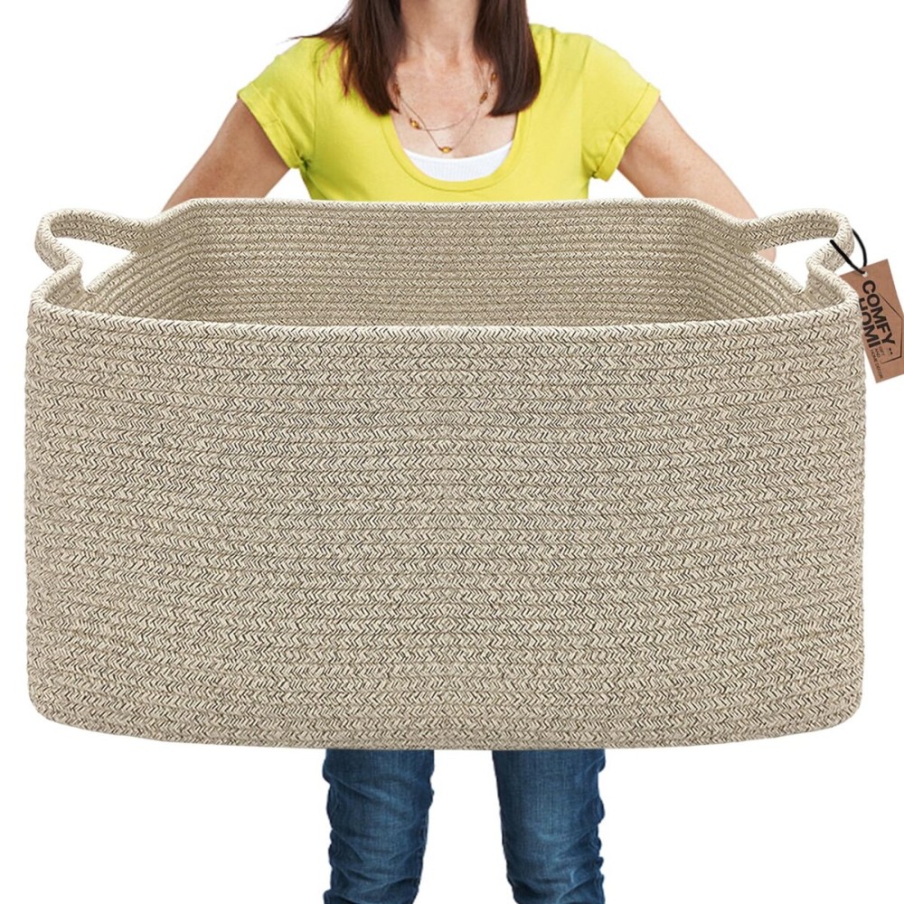 COMFY-HOMI Large Rectangular Blanket Basket, Woven Cotton Rope Baskets for Storage, Laundry Hamper Basket, Storage Bin,Toy Organizing Bin with Handle, Organization and Storage-22x15x12-Brown