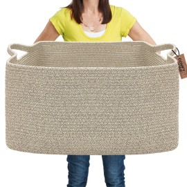 COMFY-HOMI Large Rectangular Blanket Basket, Woven Cotton Rope Baskets for Storage, Laundry Hamper Basket, Storage Bin,Toy Organizing Bin with Handle, Organization and Storage-22x15x12-Brown