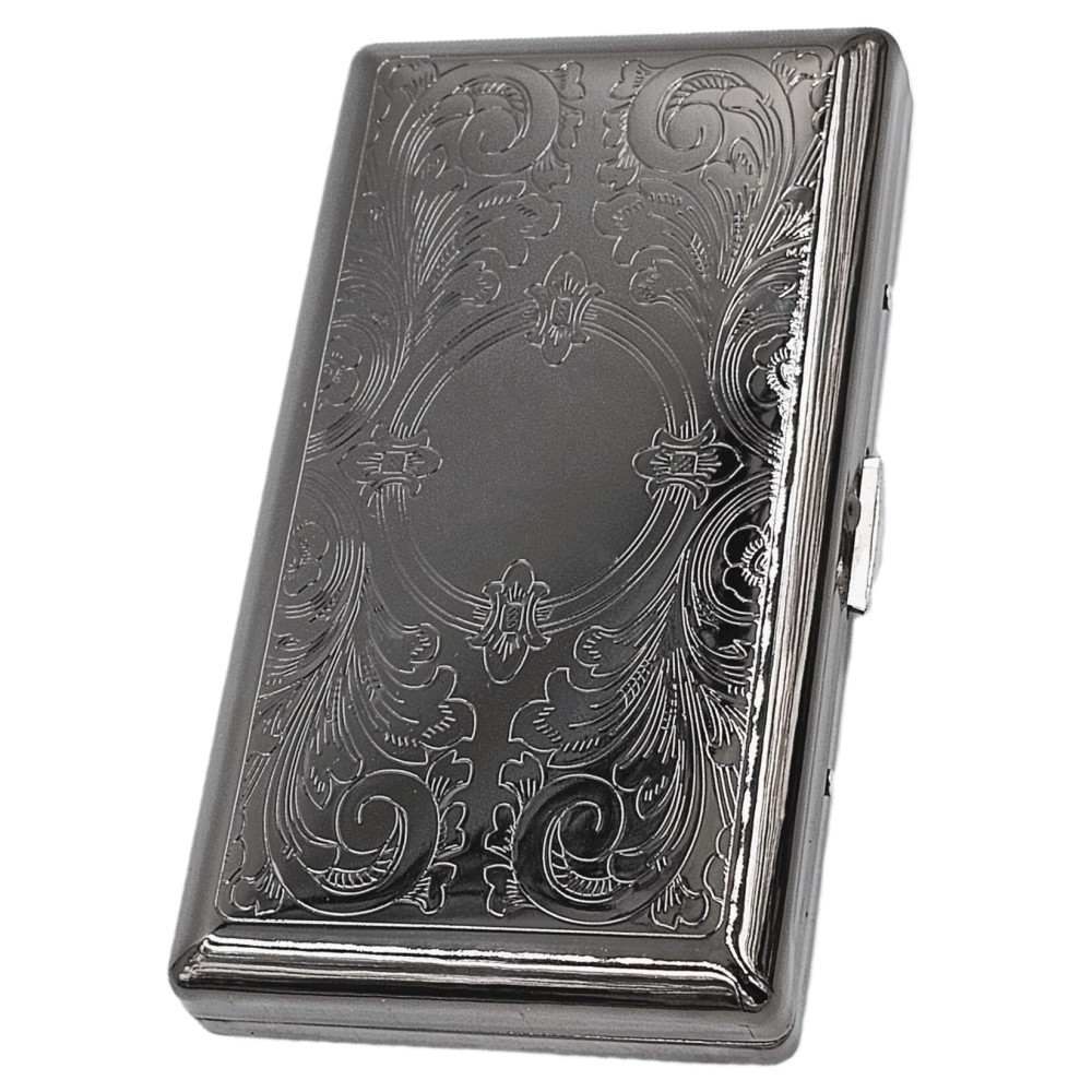 Cigarette Case Victorian Style Metal Holder for Regular, King and 100\'s Size Pocket Protective Security Wallet (ES-100BK, Etched Small Black)