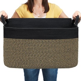 COMFY-HOMI Large Rectangular Blanket, Cotton Rope Woven for Storage, LaundryHamper, Storage,Toy Organizing Bin with Handle, Organizer and Storage-22x15x12-Black/Jute
