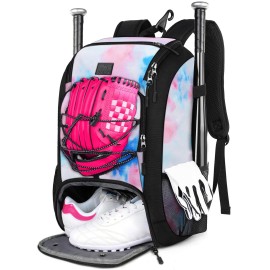 MATEIN Softball Bag, Lightweight Baseball Bat Backpack with Shoe Compartment, Cute Baseball Bag with Fence Hook, Gifts Softball Backpack Fits 2 Bats, Batting Mitten, Helmet, Teeball Gear, Tie Dye