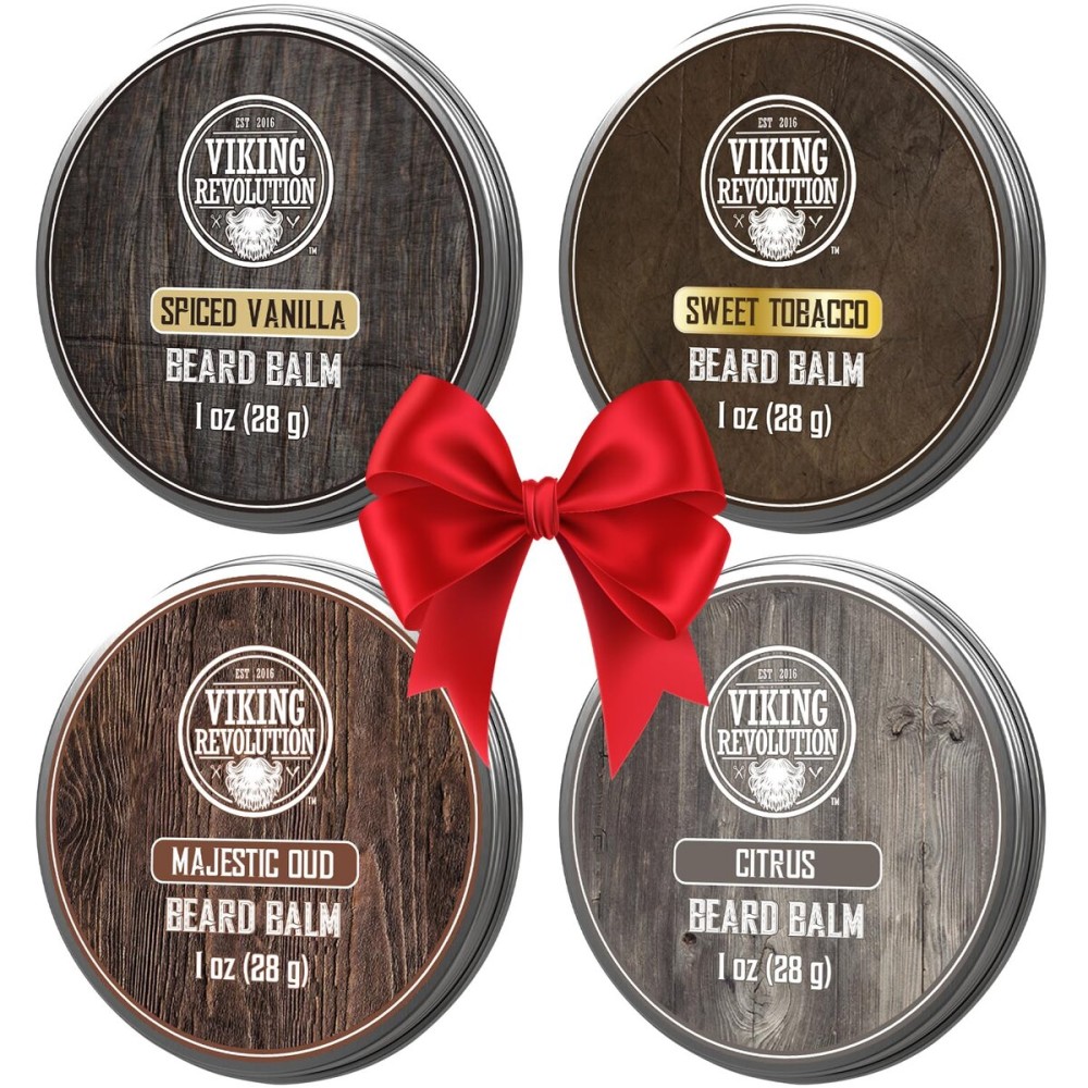 Viking Revolution 4 Beard Balm Variety Pack (1oz Each)- Spiced Vanilla, Sweet Tobacco, Majestic Oud, Citrus - Styles, Strengthens & Softens Beards & Mustaches - Leave in Conditioner Wax for Men