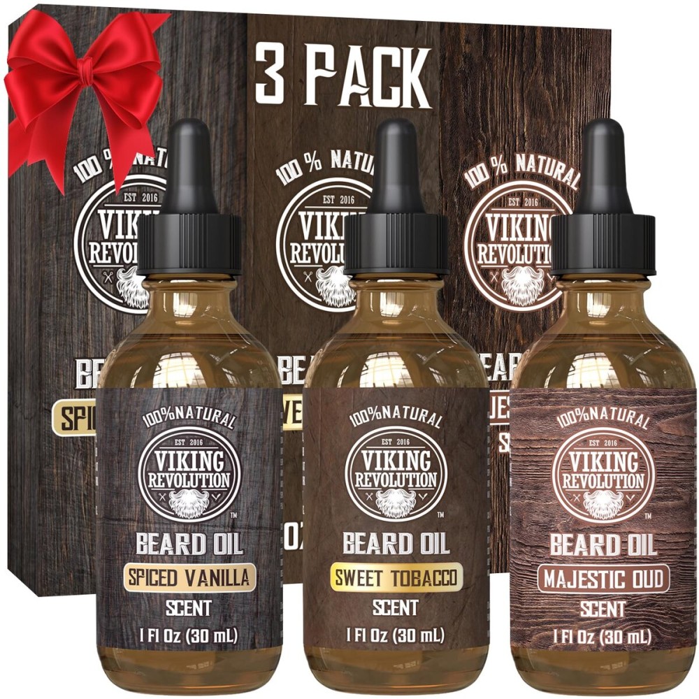 Viking Revolution Beard Oil for Men 3 Pack - Natural Mens Beard Oil Variety Set - Spiced Vanilla, Sweet Tobacco, Majestic Oud - Beard Conditioning and Moisturizing for a Healthy Beard (3 Pack, 1oz)