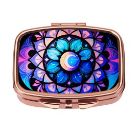 Dynippy Pill Case Pill Box with Mirror Retro Pocket 2 Compartment Medicine Case Vitamin Pill Organizer for Pocket Purse and Travel (Rose Gold-Moon Flower)