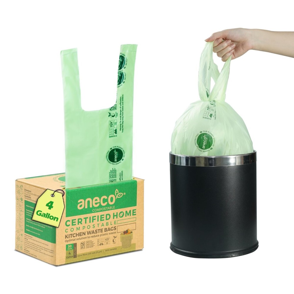 ANECO 4 Gallon Compostable Food Waste Bags with Handles, Extra Thick Compost Bags for Medium Kitchen Garbage/Bathroom Bin, OK Compost HOME & BPI Certified Compostable Bags