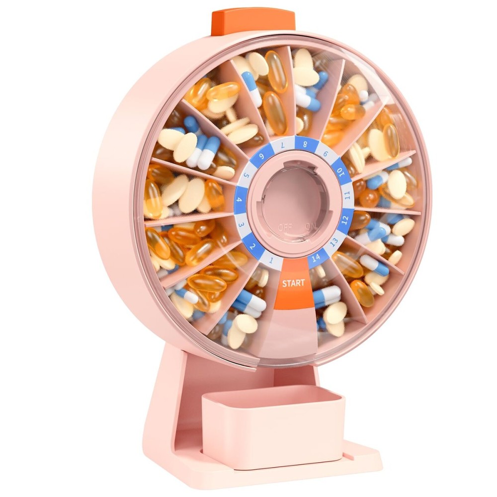 Daviky Pill Dispenser Daily, Large Pill Organizer with Wall-Mounted or Standing Use, 14 Days Pill Container, Push Button Design, Weekly Pill Box for Vitamin, Medicine,Supplement, Fish Oil(Pink)