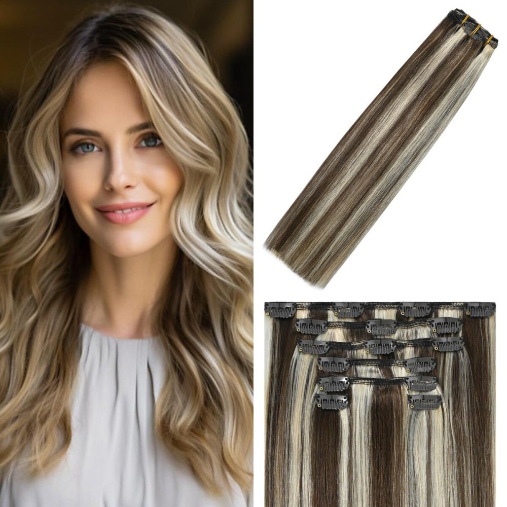 WindTouch Clip in Hair Extensions Human Hair Extensions 4P613 Medium Brown to Blonde Highlights 22Inch 75g 7PCS Clip in Extensions Real Human Hair