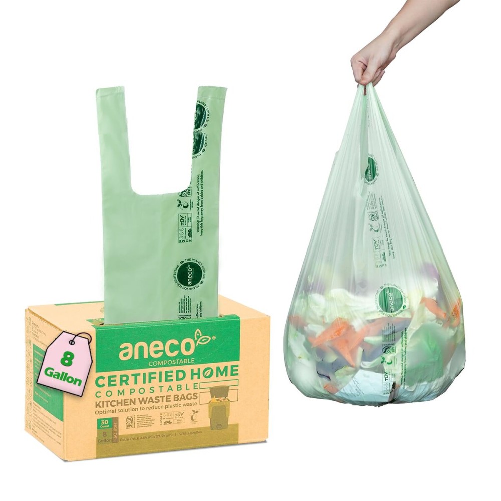ANECO 8 Gallon Compostable Kitchen Food Waste Bags with Handles (30 Count), Leak-proof Compost Bags for Tall Kitchen Bin, Large 8 Gallon Bags Certified by BPI & OK Compost HOME