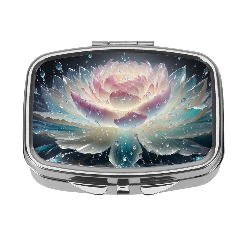 Dynippy Pill Case Pill Box with Mirror Retro Pocket 2 Compartment Medicine Case Vitamin Pill Organizer for Pocket Purse and Travel (Silver- Flower Water)