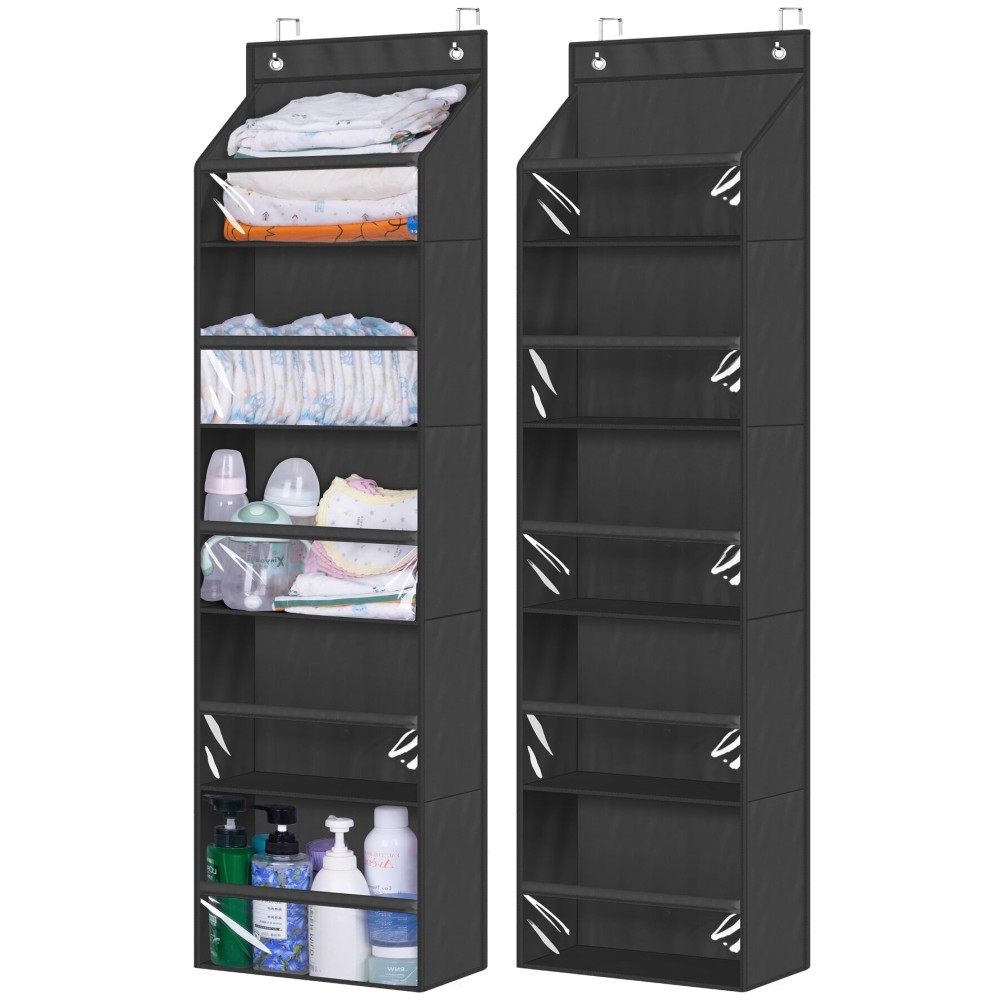 AOODA 2 Pack Over the Door Organizer, Large Capacity Closet Door Hanging Organizer, Clear Deep Pockets Baby Storage for Nursery, Bathroom, Bedroom, Pantry, Diapers (Black)