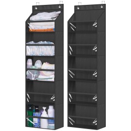 AOODA 2 Pack Over the Door Organizer, Large Capacity Closet Door Hanging Organizer, Clear Deep Pockets Baby Storage for Nursery, Bathroom, Bedroom, Pantry, Diapers (Black)