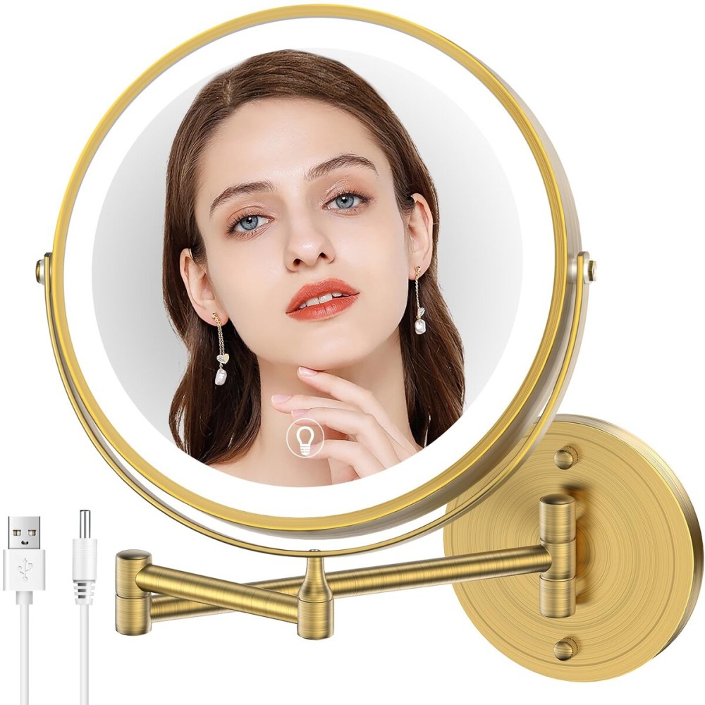 MNIENT Wall Mounted Lighted Makeup Mirror,8 Rechargeable Double-Sided Light up Magnifying Mirror 1x/10x,3 Color Led Vanity Mirror with Lights,Touch Dimmable 360 Rotation-Antique Bronze