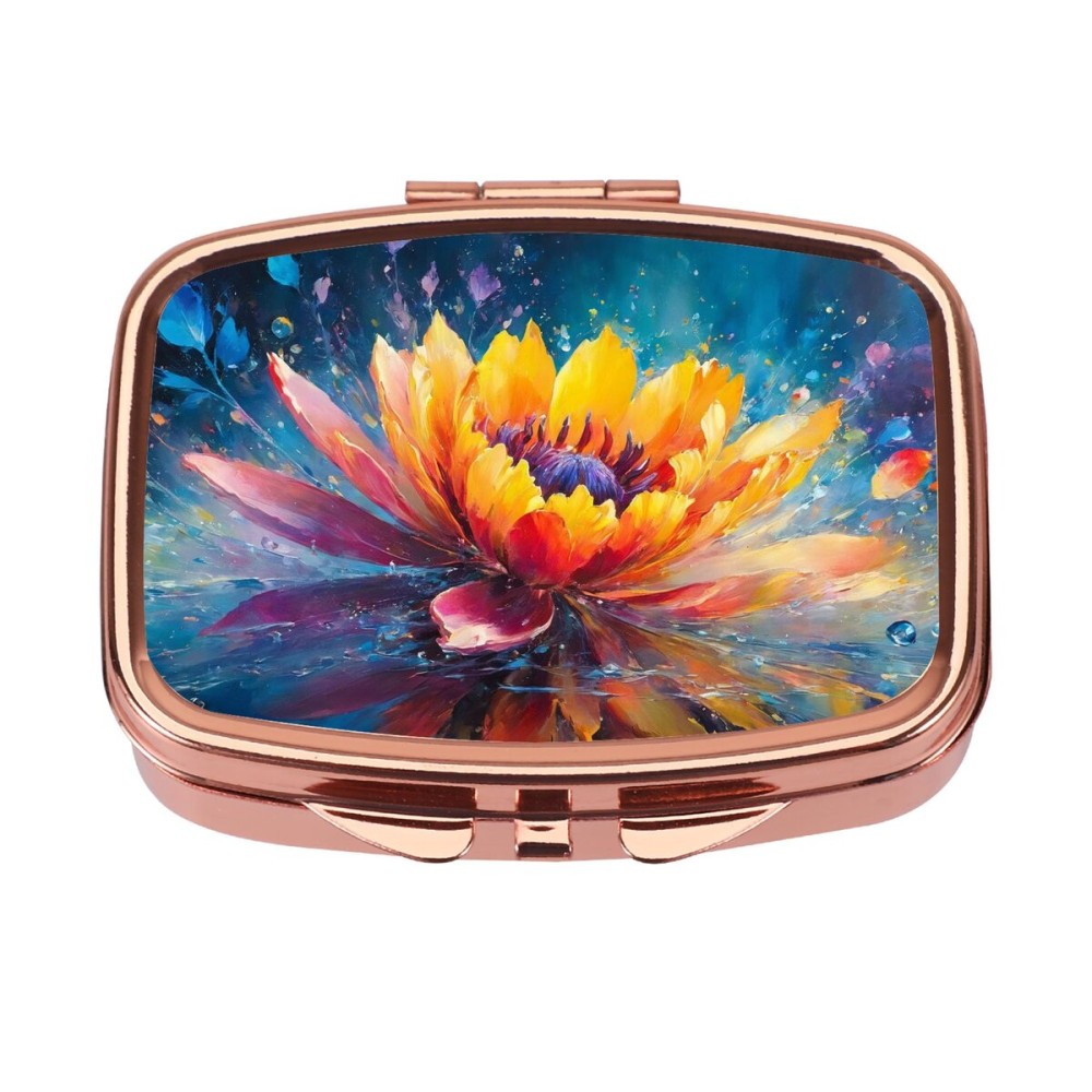 Dynippy Pill Case Pill Box with Mirror Retro Pocket 2 Compartment Medicine Case Vitamin Pill Organizer for Pocket Purse and Travel (Rose Gold - Colorful Flower)