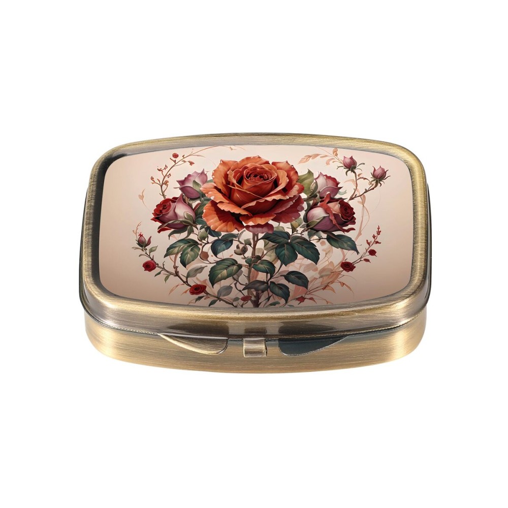 Dynippy Pill Case Pill Box with Mirror Retro Pocket 2 Compartment Medicine Case Vitamin Pill Organizer for Pocket Purse and Travel (Flower 21)