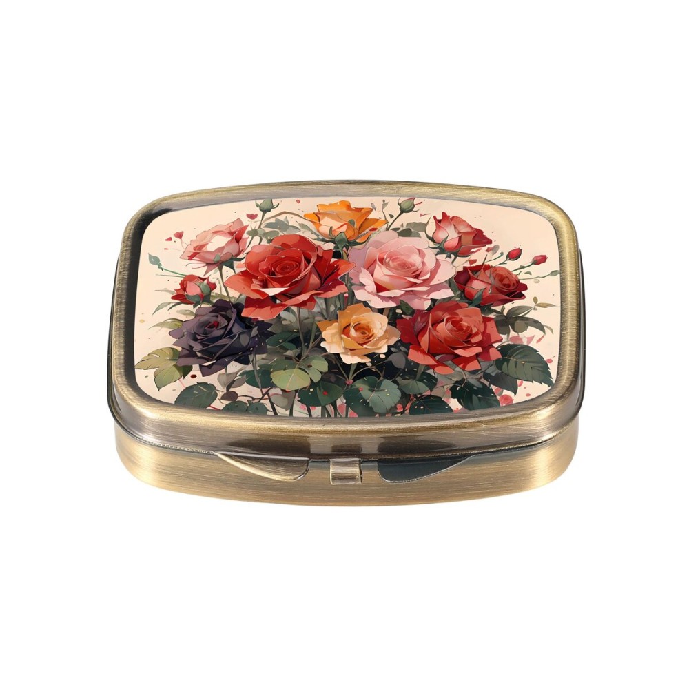 Dynippy Pill Case Pill Box with Mirror Retro Pocket 2 Compartment Medicine Case Vitamin Pill Organizer for Pocket Purse and Travel (Cute Flower)