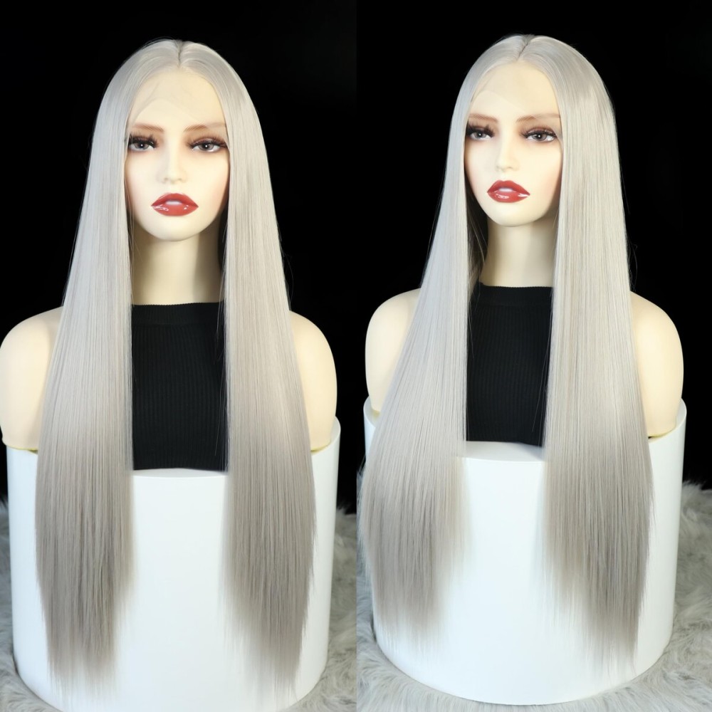 WXHWCX Synthetic Lace Front Wigs For Women Silver Grey Free Part Long Straight Glueless Heat Resistant Fiber Hair Cosplay Party Wigs