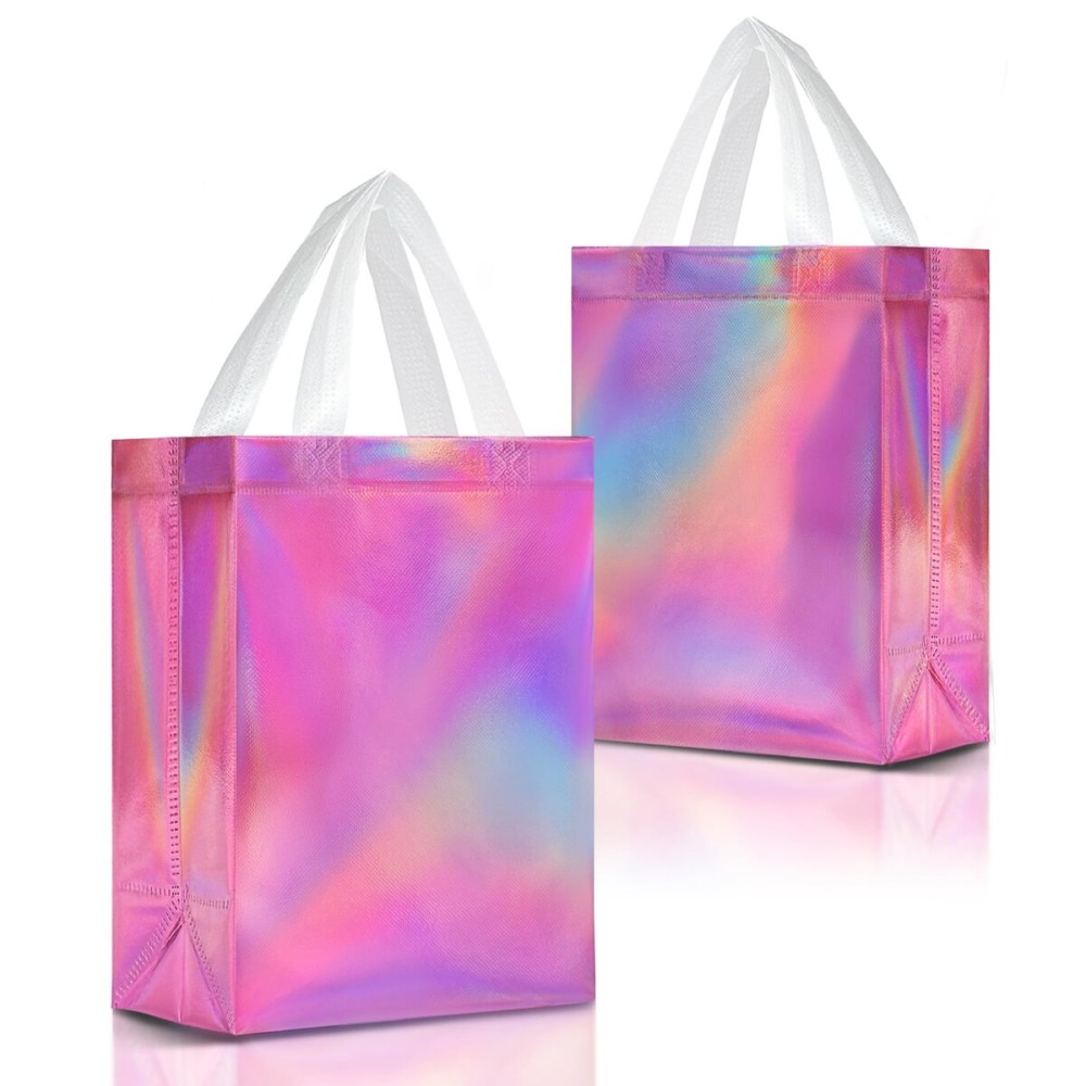 Nush Nush Pink Iridescent Gift Bags Medium Size - Set of 12 Holographic Pink Gift Bags With Handles - Reusable Goodie Bag for Bridal Shower Gifts, Birthday Party Favor, Baby Shower - 8x4x10